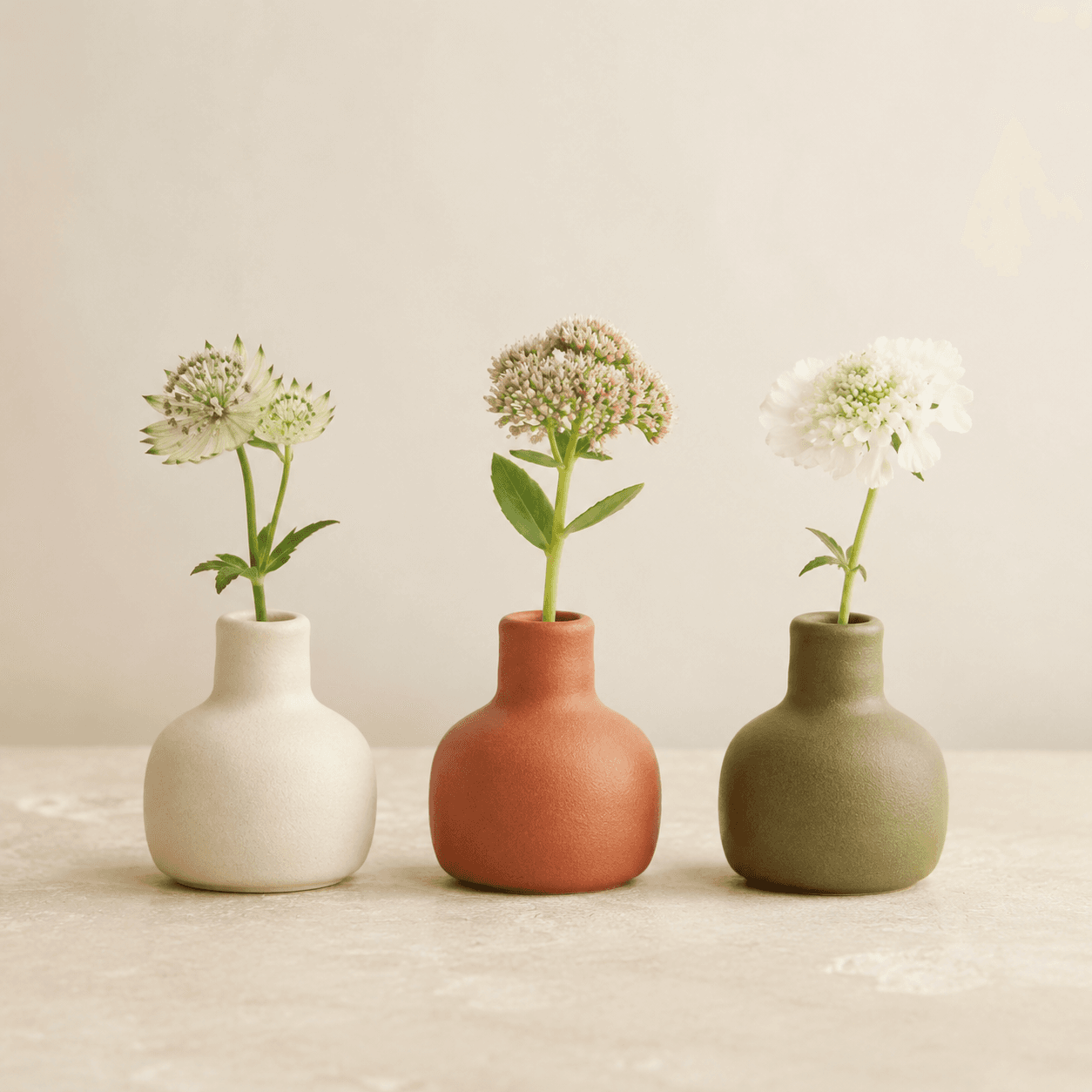 Ceramic Bud Vase Trio — Three matte ceramic bud vases in cream and terracotta tones.