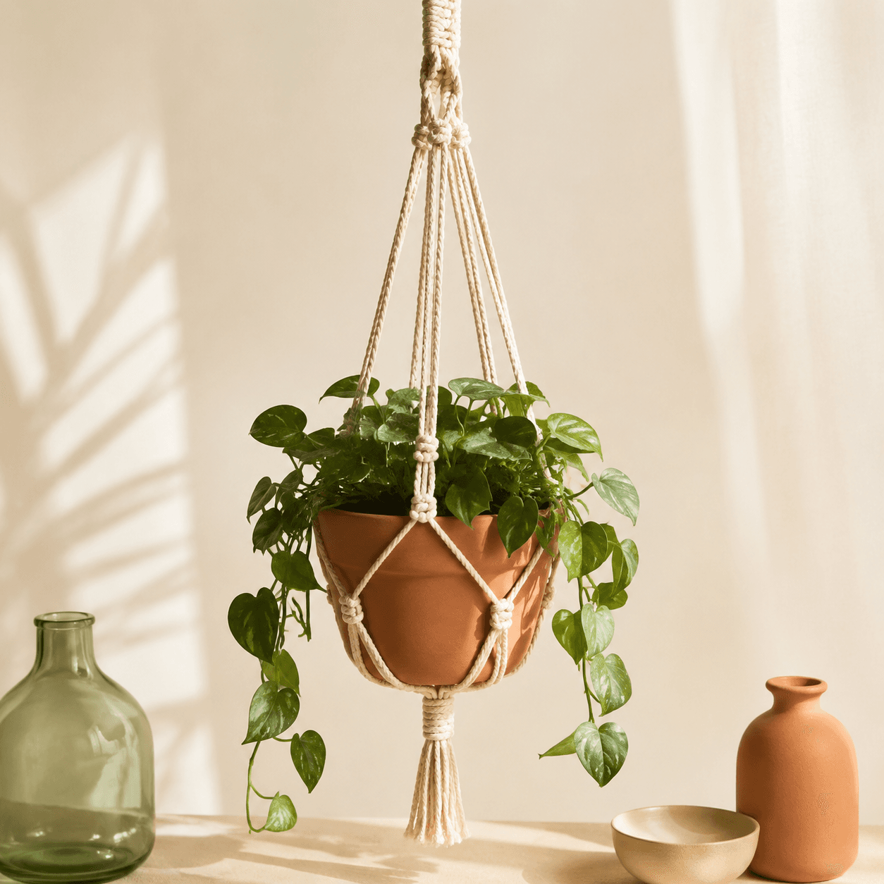 Cotton Rope Hanger — A hand-knotted cotton hanger for a small potted plant.
