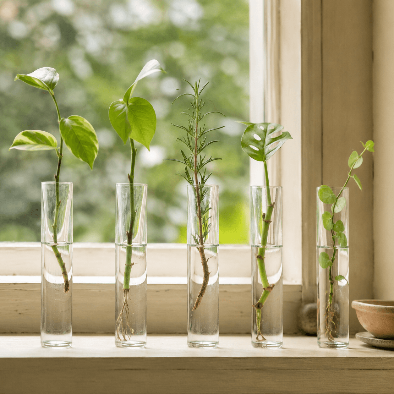 Glass Propagation Vases (Set of 5) — Five slim clear glass vases sized for rooting single cuttings in water.