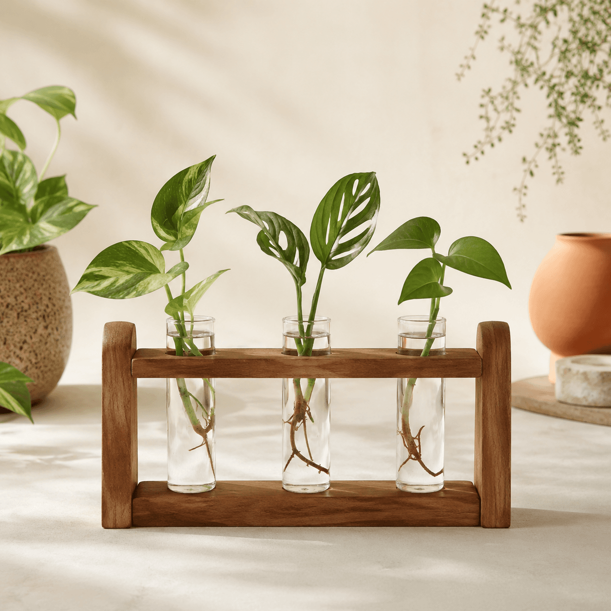 Propagation Station Rack — A wooden rack holding five glass tubes for cuttings.