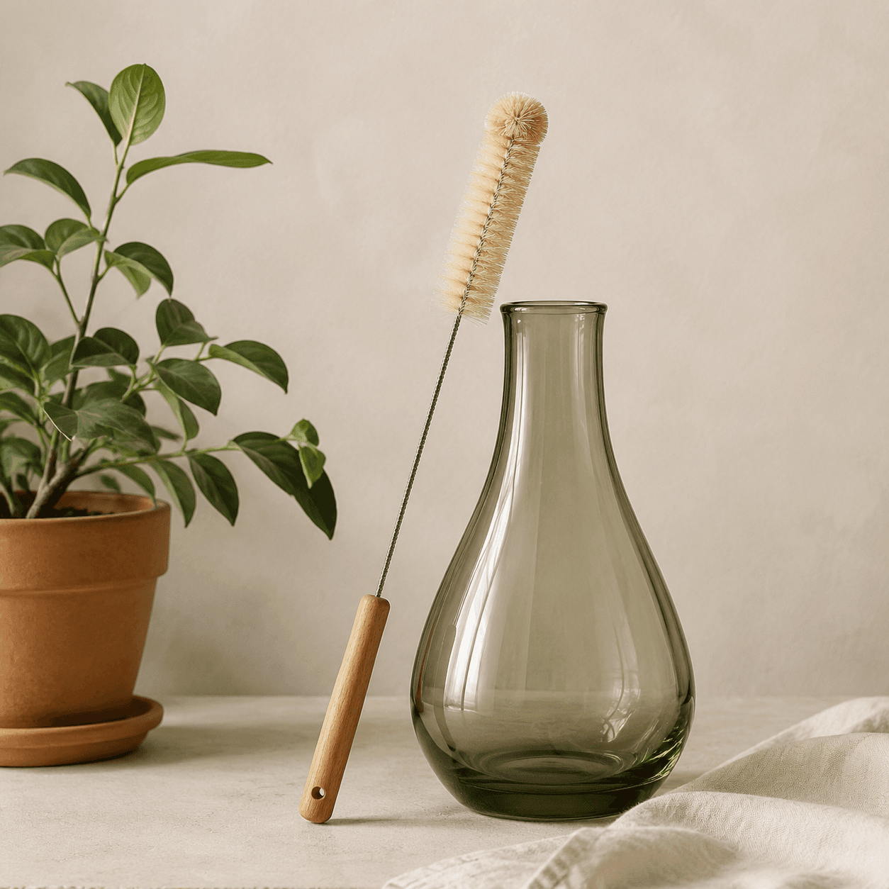 Vase Cleaning Brush — A slim long-handled brush for narrow glass vases.