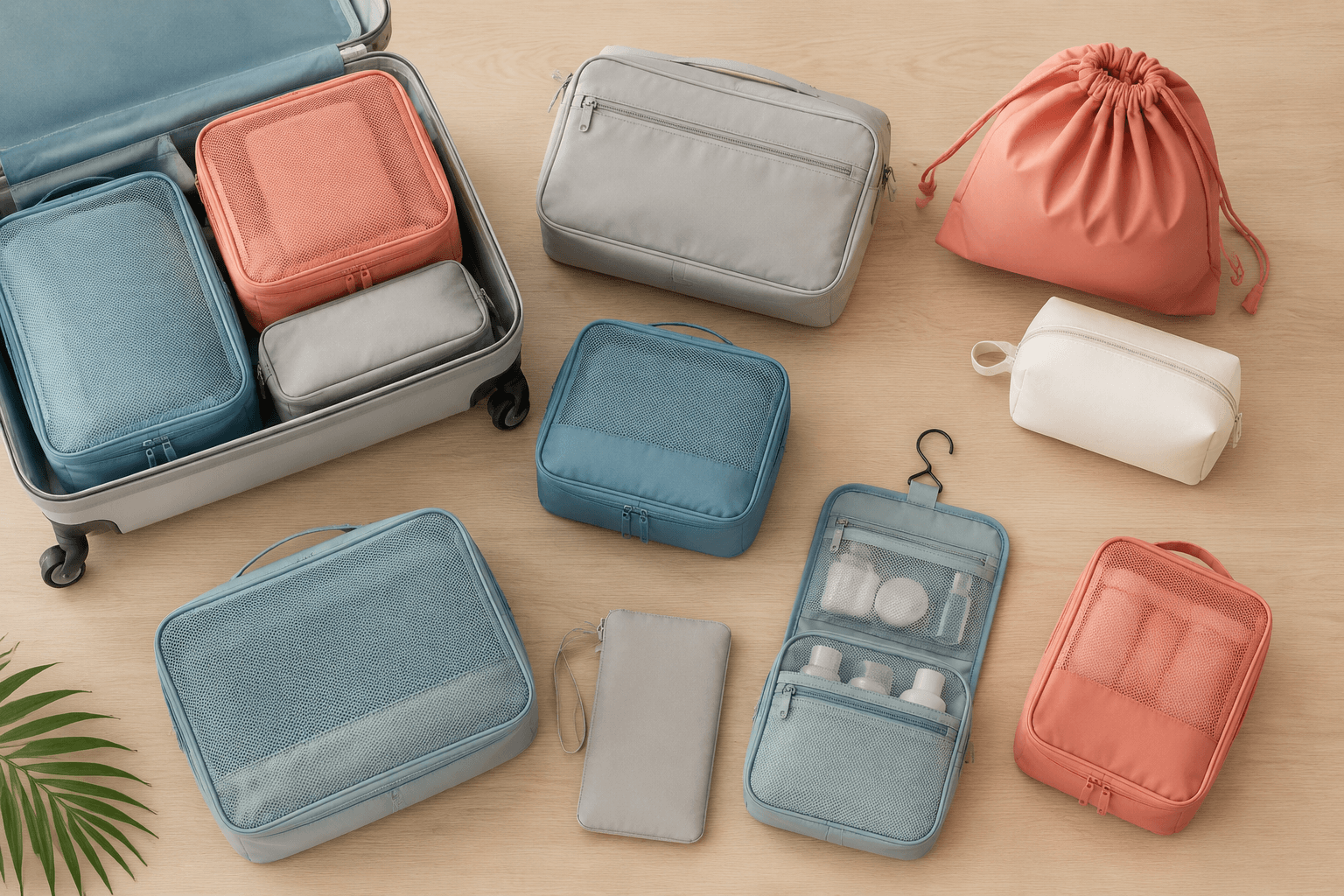 Travel organization products laid out on a table