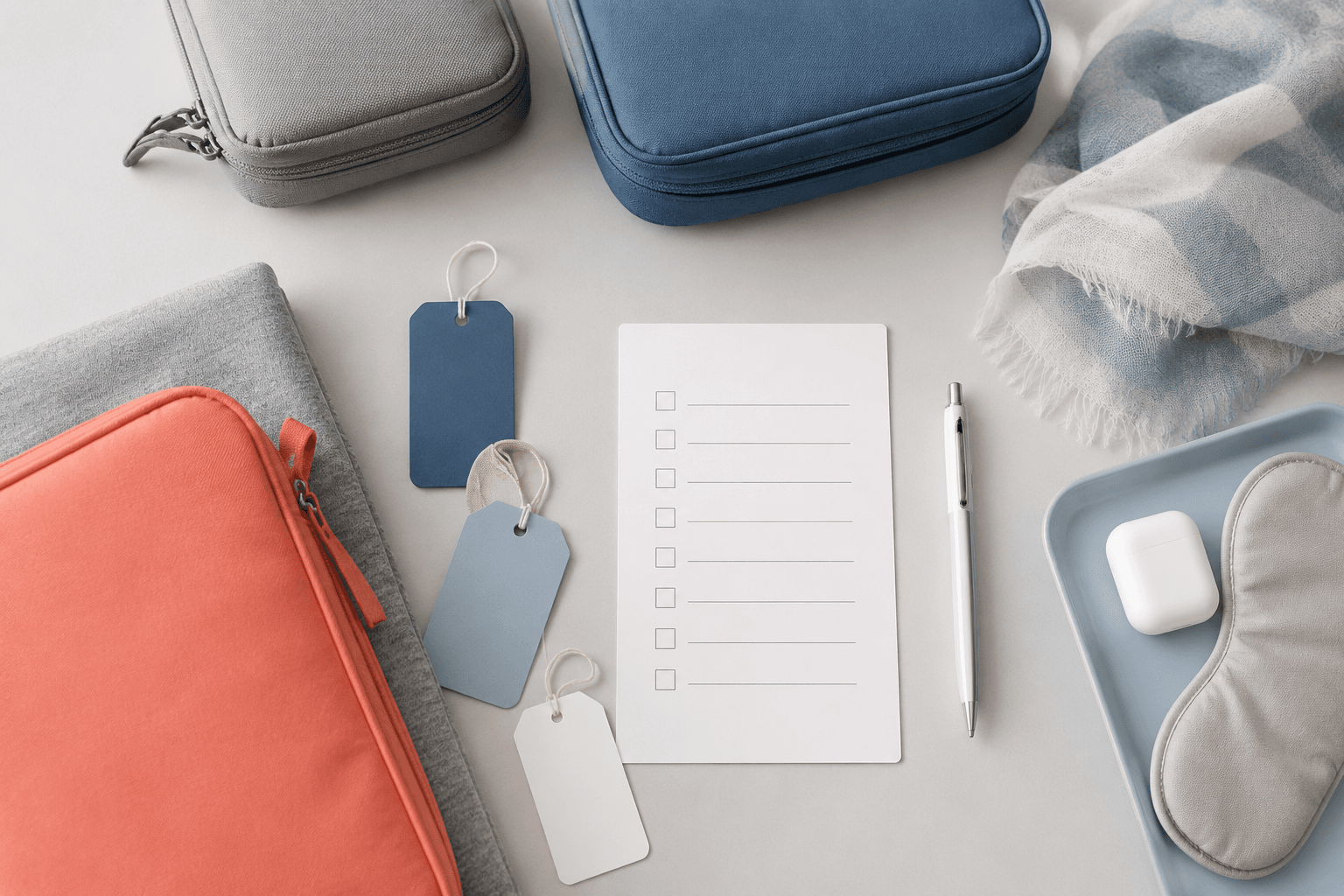 Travel pouches, labels and a packing checklist card