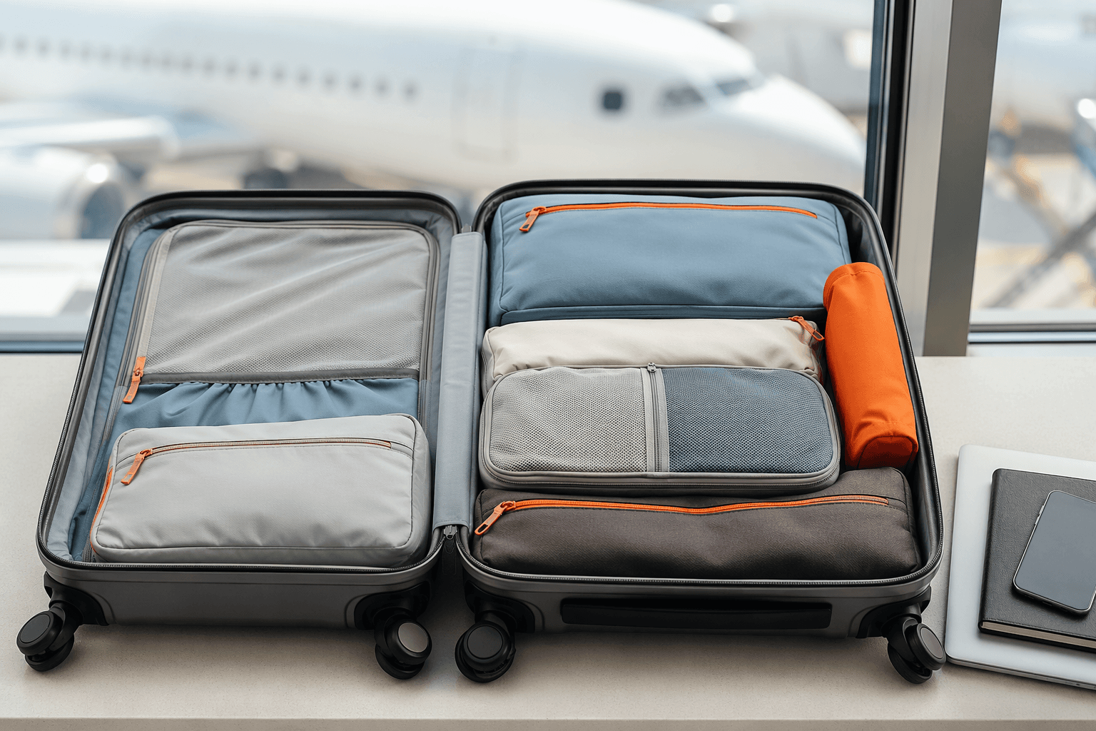 A neatly organised carry-on suitcase packed with cubes and pouches