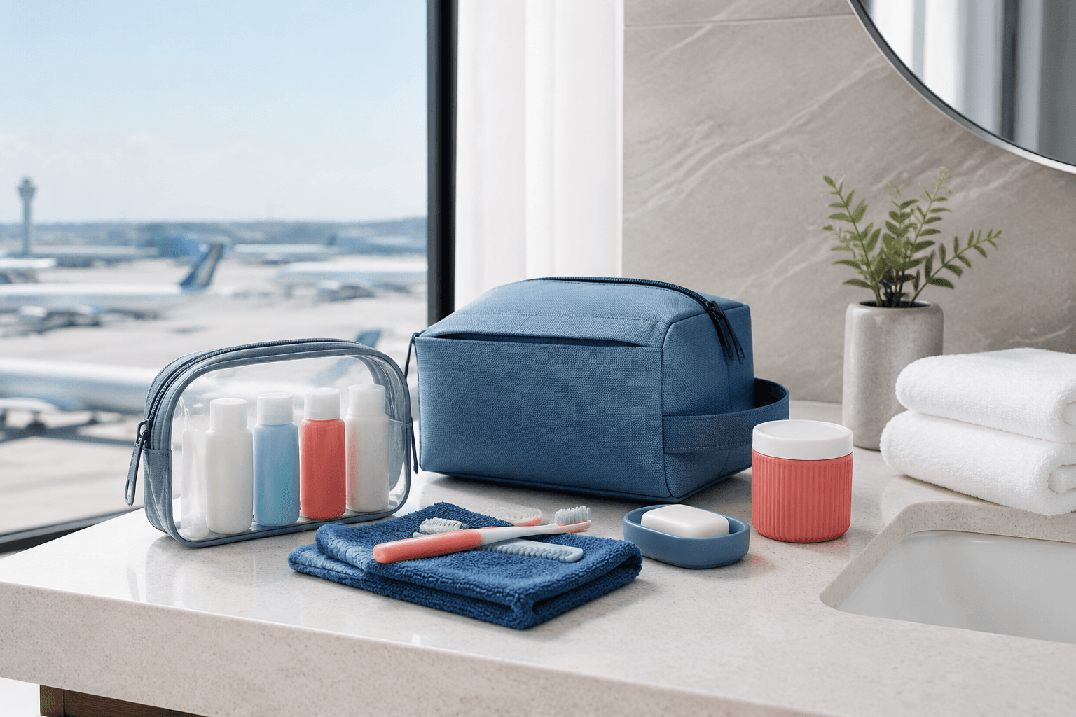 Organized travel wash setup with hanging toiletry bag and pouches by a bright bathroom counter